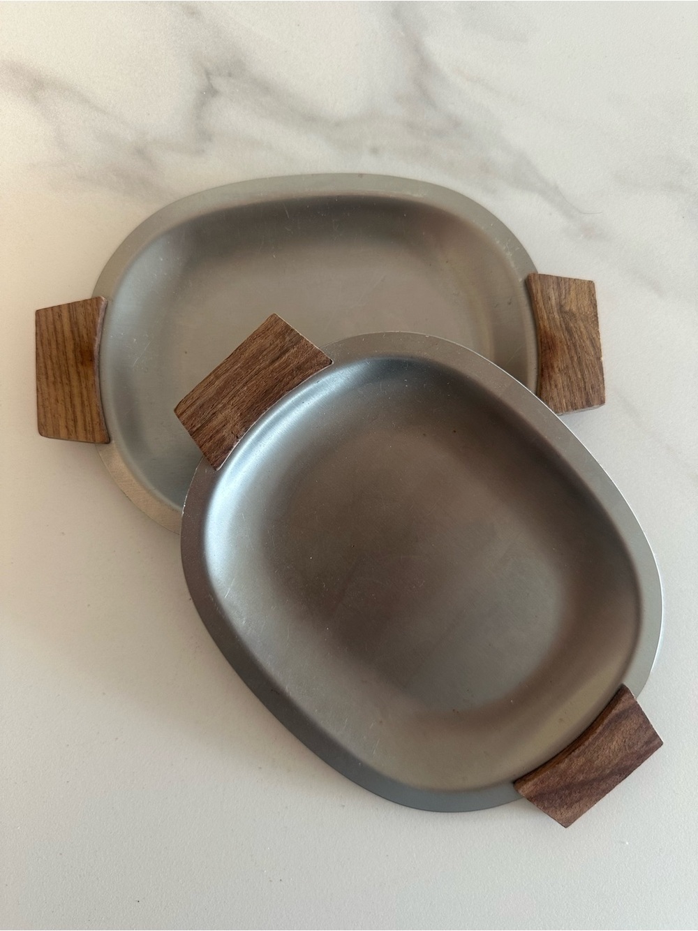 Vintage Oval Stainless Snack Trays with Wood Handles - Set of 2